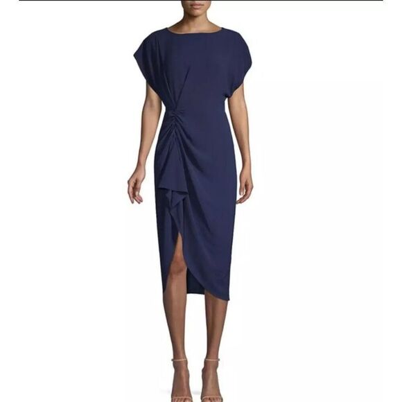 Misha Collection STUNNING Navy Blue Crepe Draped Kendall Dress w/Slit $340 Size - Picture 3 of 12
